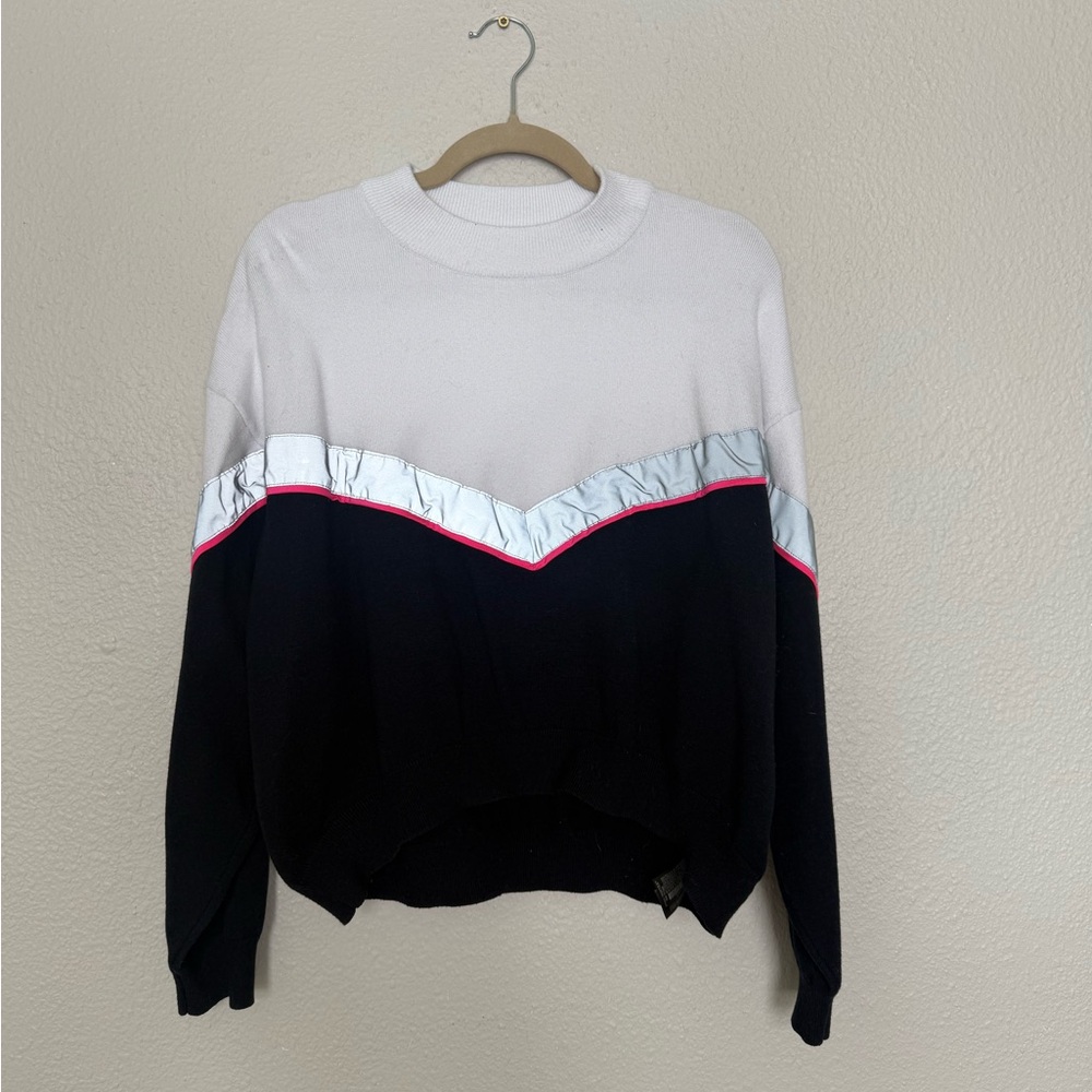 Zara White, Black & Pink Chevron-Trim Sweater with Silver Accent